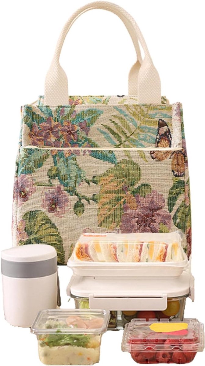 Lunchtas Vrouwen - Bloemen Tas - Voedsel Vervoeren - Waterdicht Ontwerp - 22x19.5cm - Wit