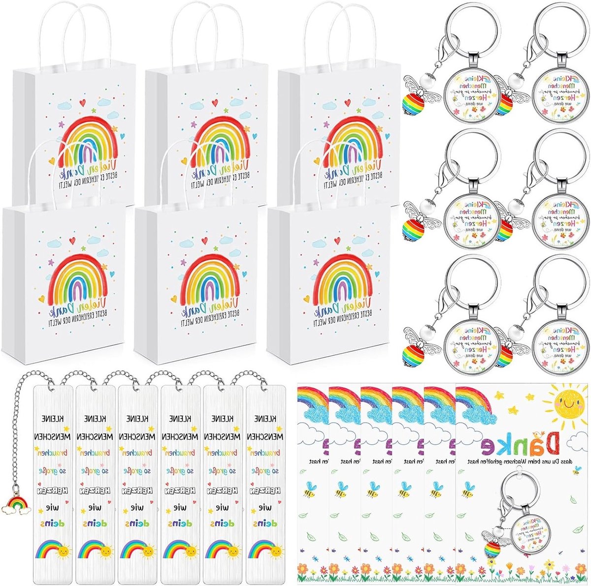 6 Thanksgiving cadeau sets voor leraren met dankkaarten, papieren regenboogtassen, engel sleutelhangers en roestvrijstalen boekenleggers, perfecte afscheidscadeaus voor docenten