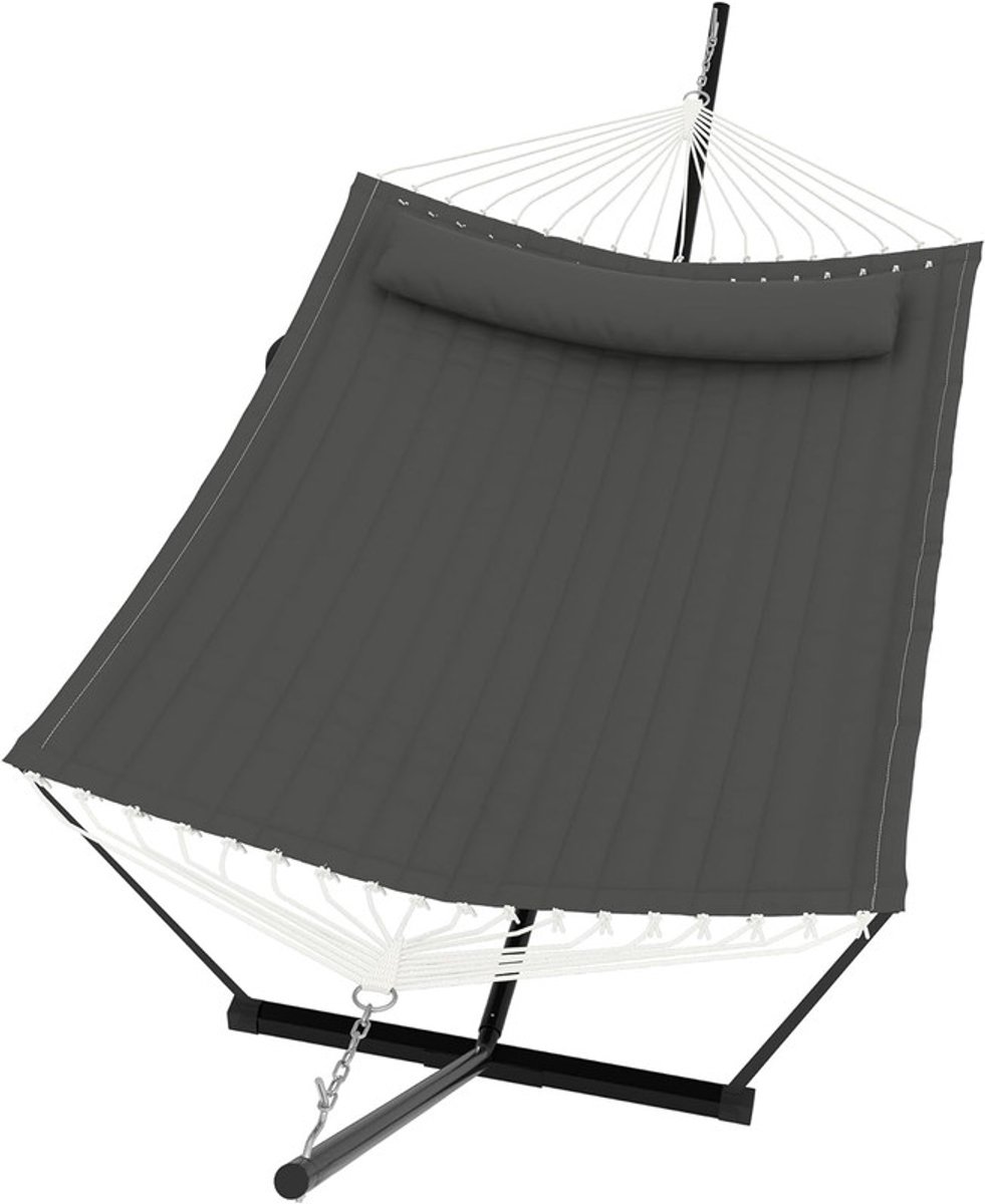 Hangmat met Standaard - 2-Persoons Hangmat - Inclusief Kussen en Balanstouw - Belastbaar tot 205 kg - Dubbele Hangmat voor Buiten - Tuin & Terras - Donkergrijs