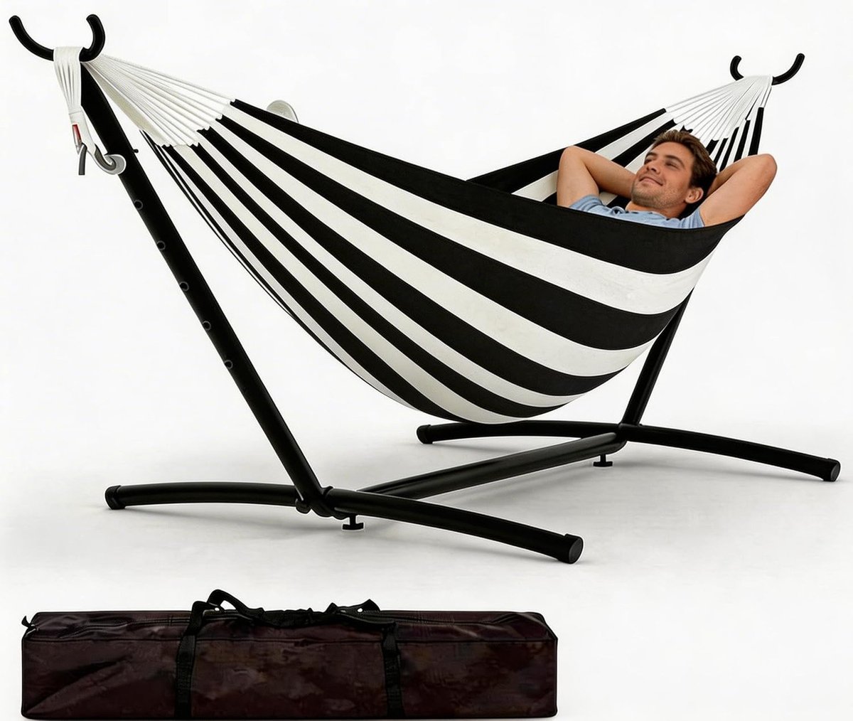 Dubbele Hangmat met Standaard - 2-Persoons Hangmat - Verstelbaar & Draagbaar - Max. 160 kg - Inclusief Draagtas - Voor Binnen en Buiten - Gestreept - Zwart / wit