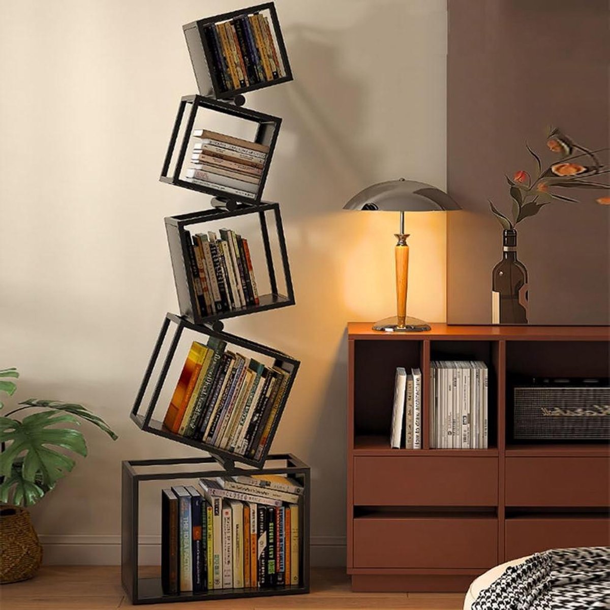 Metalen Etage Plank - Hoek Boekenkast - Woonkamer Inrichting - Vijf Laags Ontwerp - 72 Inch Hoog - Zwart