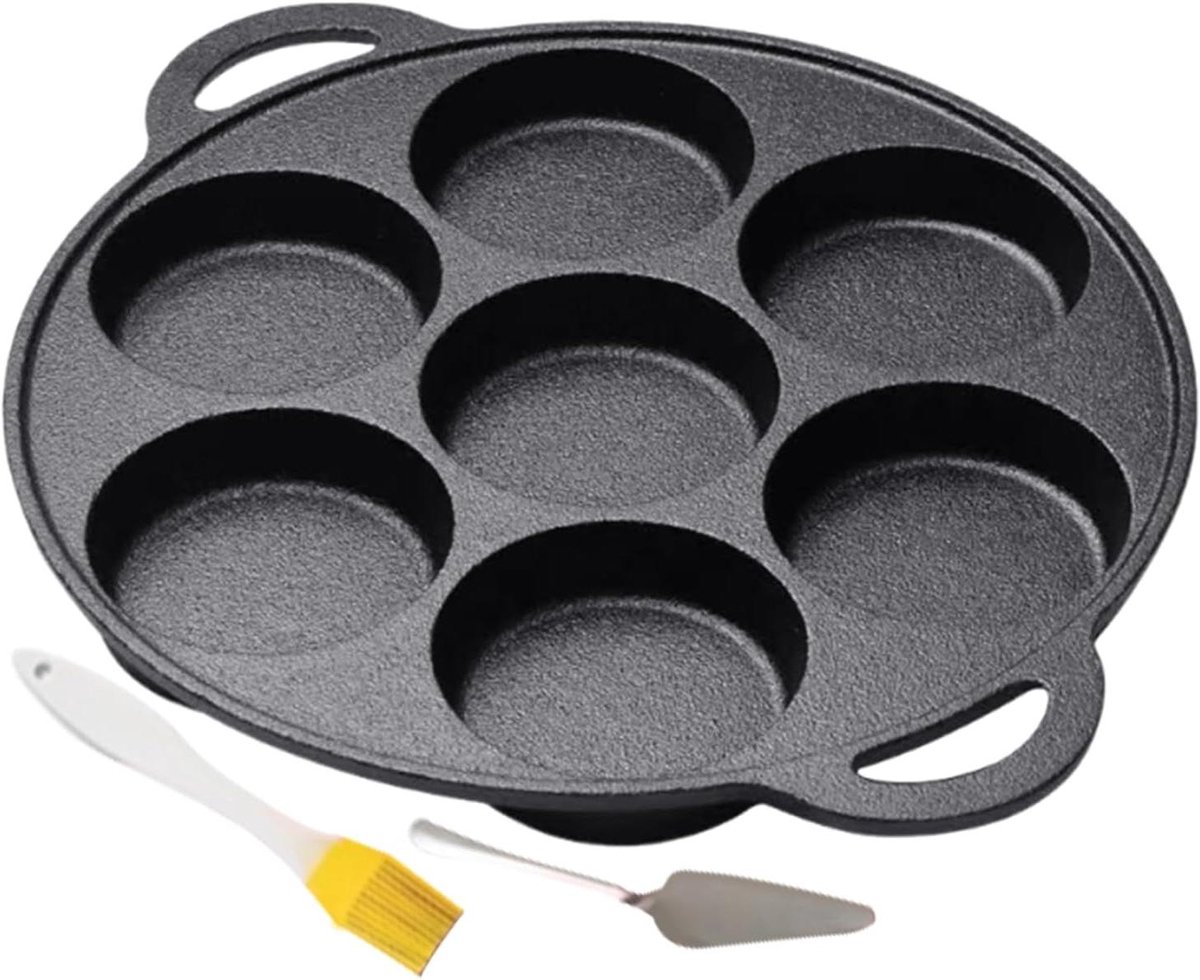 Gietijzeren Pannenkoekenpan - Ontbijtpan 7 Gaten - Mini Pannenkoeken Bakken - Inclusief Spatel Borstel - 30.5 cm Diameter - Zwart
