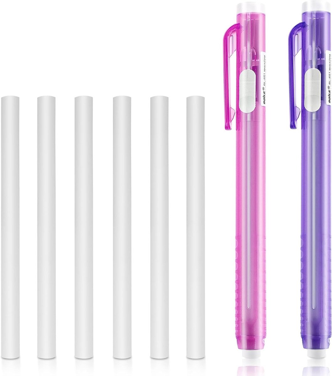 Set van 2 Inklapbare Mechanische Gum met 6 Vervangingen - Perfect voor School, Kantoor en Creatief Schrijven (Roze, Paars)