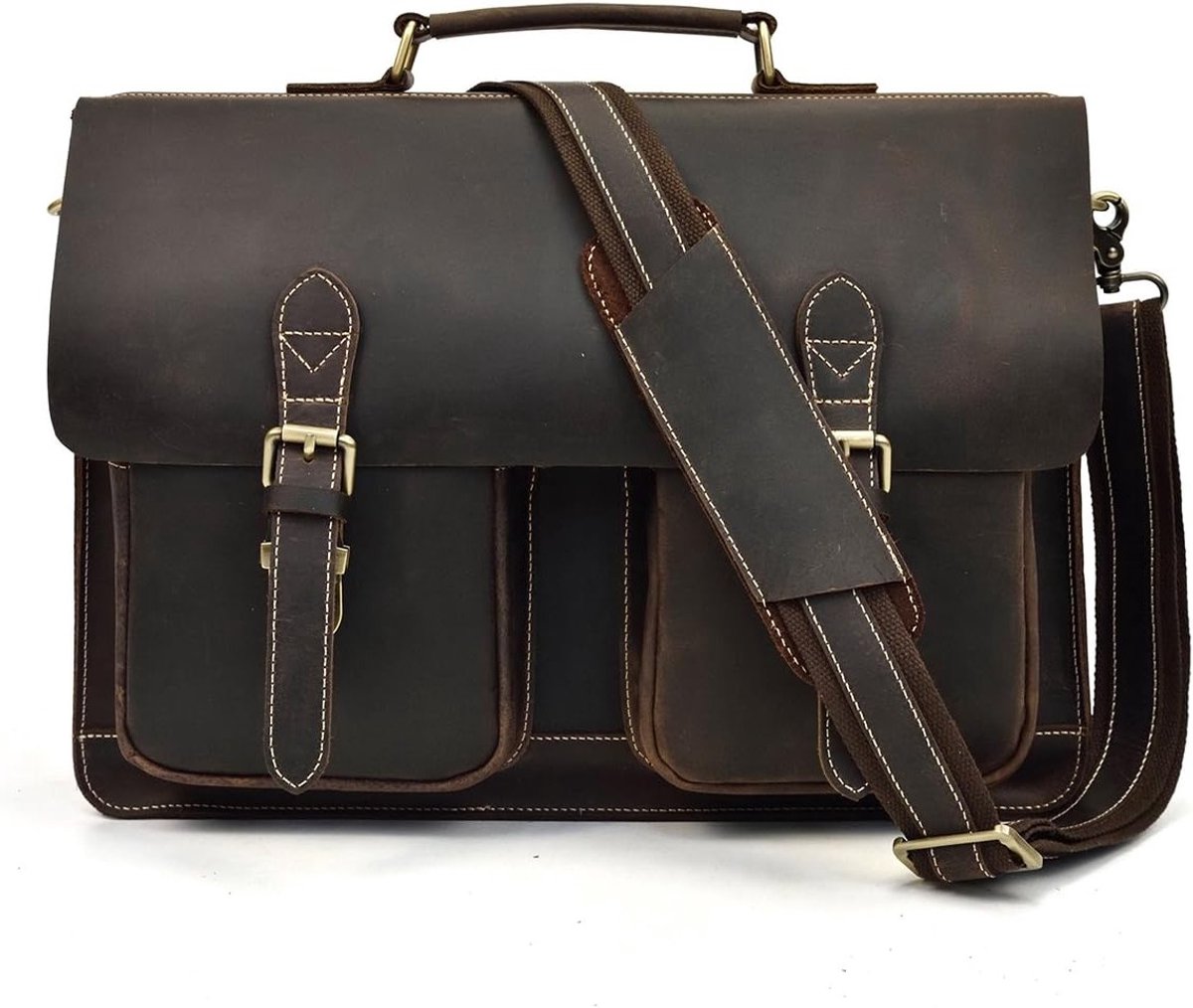 Stijlvolle vintage leren aktetas voor mannen, geschikt voor 14 inch laptop, moderne desk bag van echt buffelleer, donkerbruin, ideaal voor werk en dagelijks gebruik