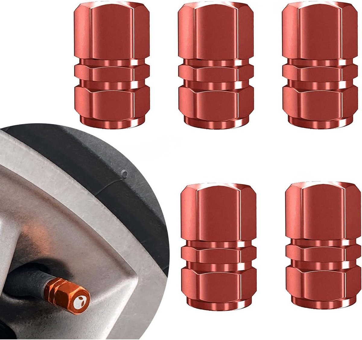 Set van 5 Stuks Ventieldoppen van Aluminium Legering voor Auto's, Fietsen en Motoren - Rood