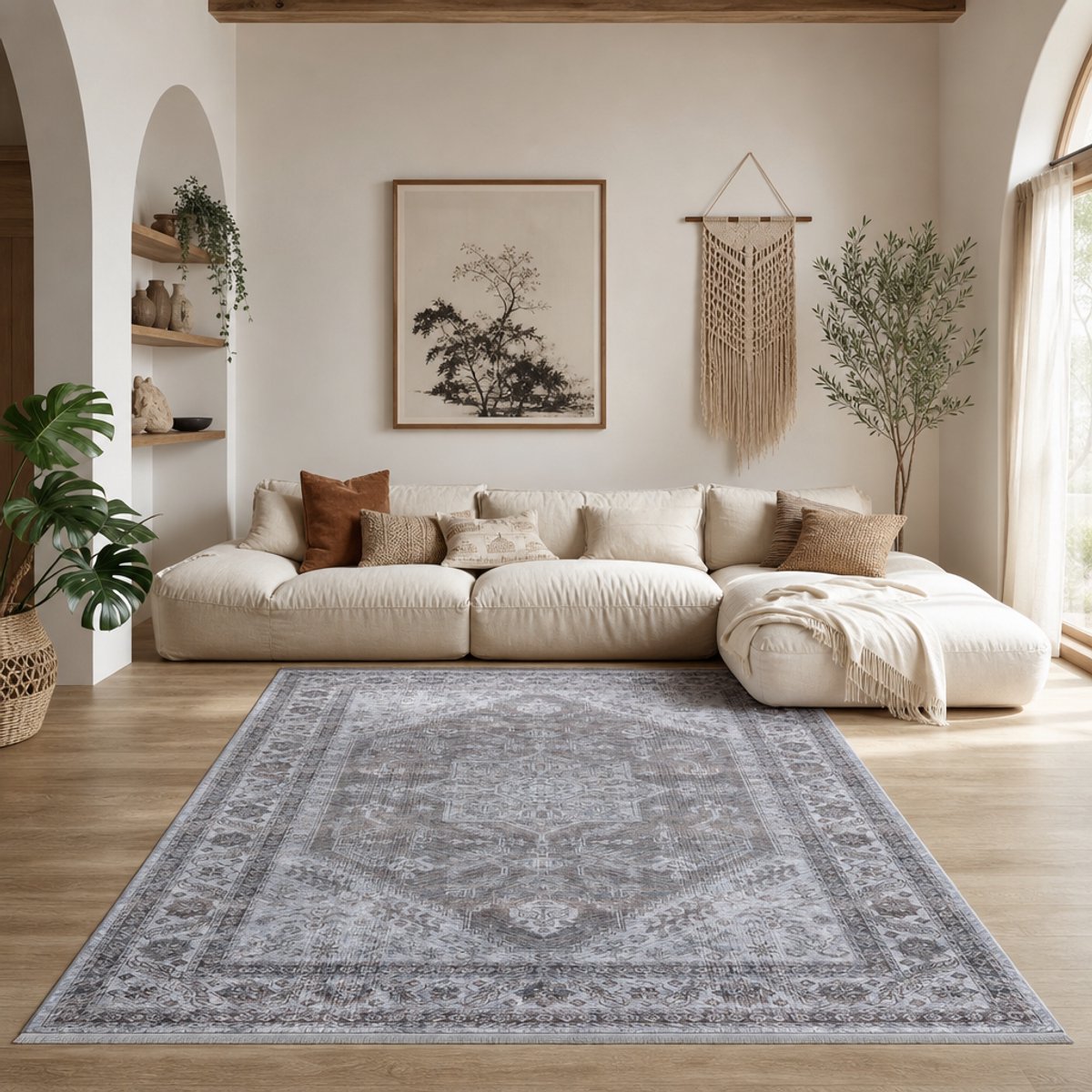 Muratap Star Vintage Vloerkleed Wasbaar Anti Slip Grijs Beige- 140x200 CM