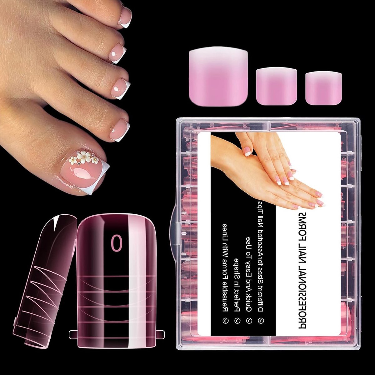 120 Stuks Polygel Nagelvormen voor Teennagels, Lange Vierkante Dubbele Vorms, Herbruikbare Teennageltips, 12 Maten, Perfect voor Pedicure en Nagelverlenging, Roze