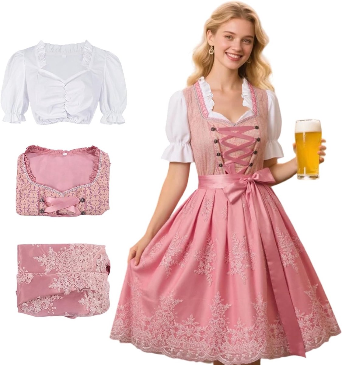Mooie Midi Kostuum Jurk voor Vrouwen met Blouse, Schort en Rok voor Oktoberfest Feestelijkheden