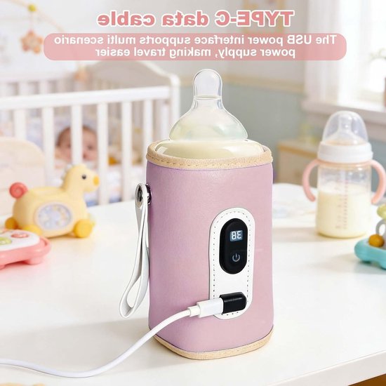 Draagbare Flessenwarmer voor Baby met LCD Scherm, Ideaal voor Warmhouden van Voeding, 5 Instelbare Temperatuurstanden (38-55°C) en Handige Tas voor Buitenactiviteiten (Roze) — afbeelding 5