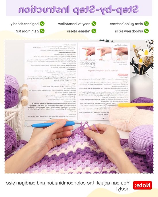 Beginner Haakset voor Granny Check Cardigan, Inclusief Haaknaalden, Wol en Accessoires voor Creatieve Projecten — afbeelding 3