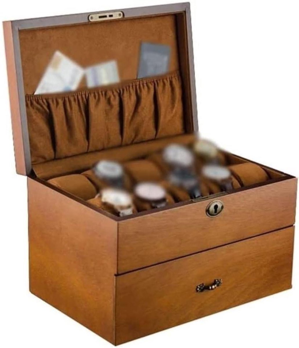 Opbergdoos Horloges - Sieraden Kist - Netjes Opbergen - Dubbellaags Met Slot - 20 Slots - Houtkleur