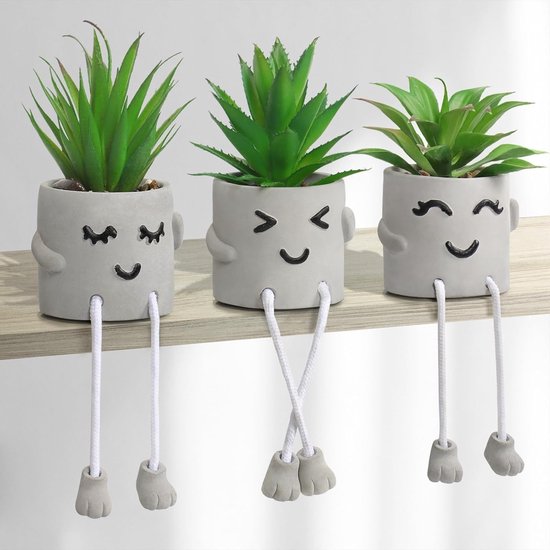 Schattige Nepplant met Hangende Benen - Kunstmatige Succulent in Cement Pot voor Thuis, Kantoor en Woonkamer Decoratie (Set van 3)