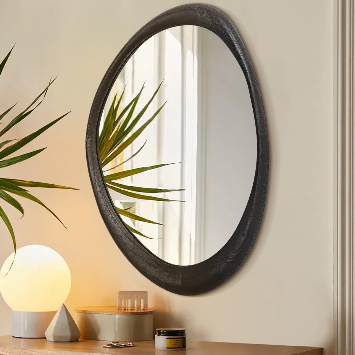 Grote Asymmetrische Wandspiegel met Houten Frame voor Badkamer, Slaapkamer en Woonkamer - 60x40 cm, Modern Design en Unieke Vorm