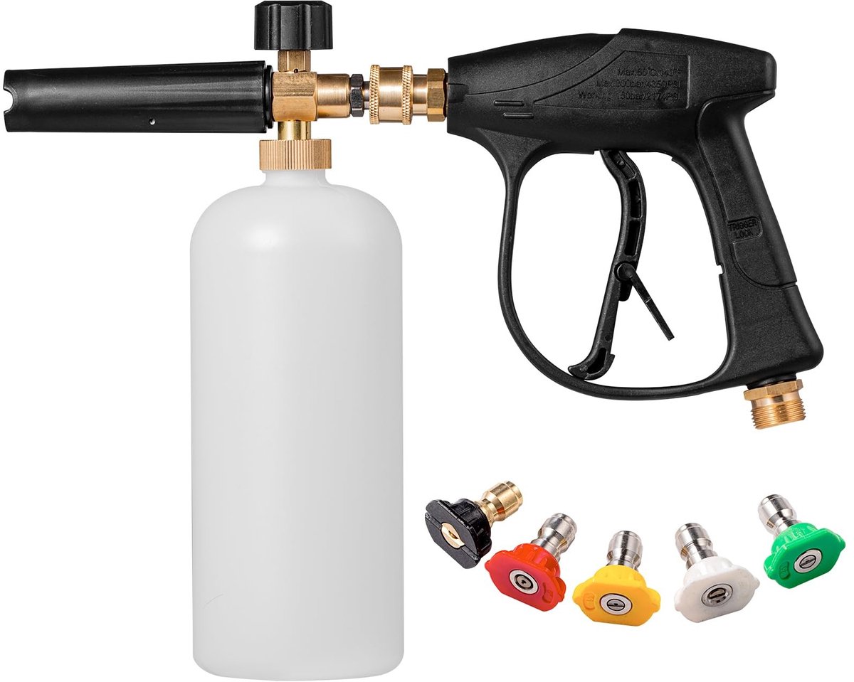 Dailygoody - Hogedrukreiniger Sneeuwschuim Kanon - Verstelbare Foam Lance Gun - 1 Liter Fles - 5 Kleur Nozzles - Hoogwaardige Reiniging - Geschik