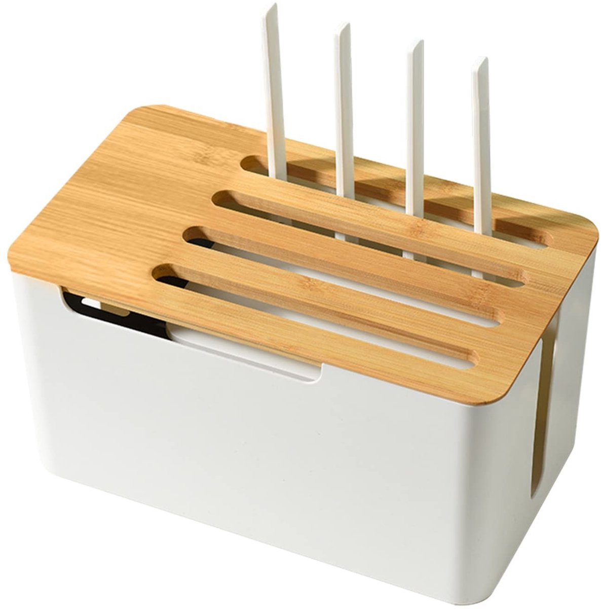 Dailygoody - Kabelmanagementbox - Bureau-kabelkast - Witte kunststof met houten deksel - Kabelstopcontacten verbergen - 31 x 18 x 16,5 cm - Gesch