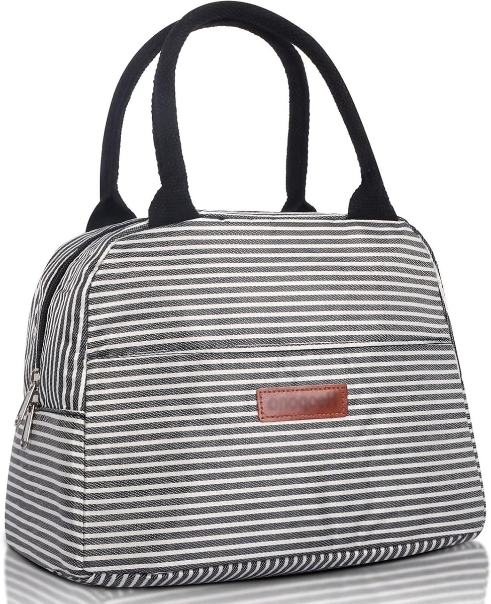 Duurzame Geïsoleerde Lunchtas met Voorvak, Lekvrije Tas voor Werk, School en Picknick voor Volwassenen en Kinderen (Zwart-Witte Strepen)