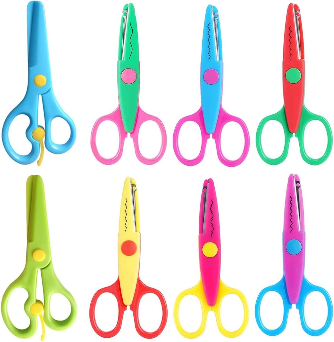 Set van 8 Kinderscharen met Ronde Hoofd, Ergonomische Knipscharen voor Creatief Knutselen, Diverse Vormen voor Papier en Notitieboeken