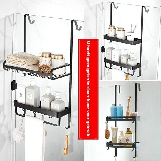 Collage van douche organizers in verschillende configuraties, gevuld met toiletartikelen, handdoeken en zeep.