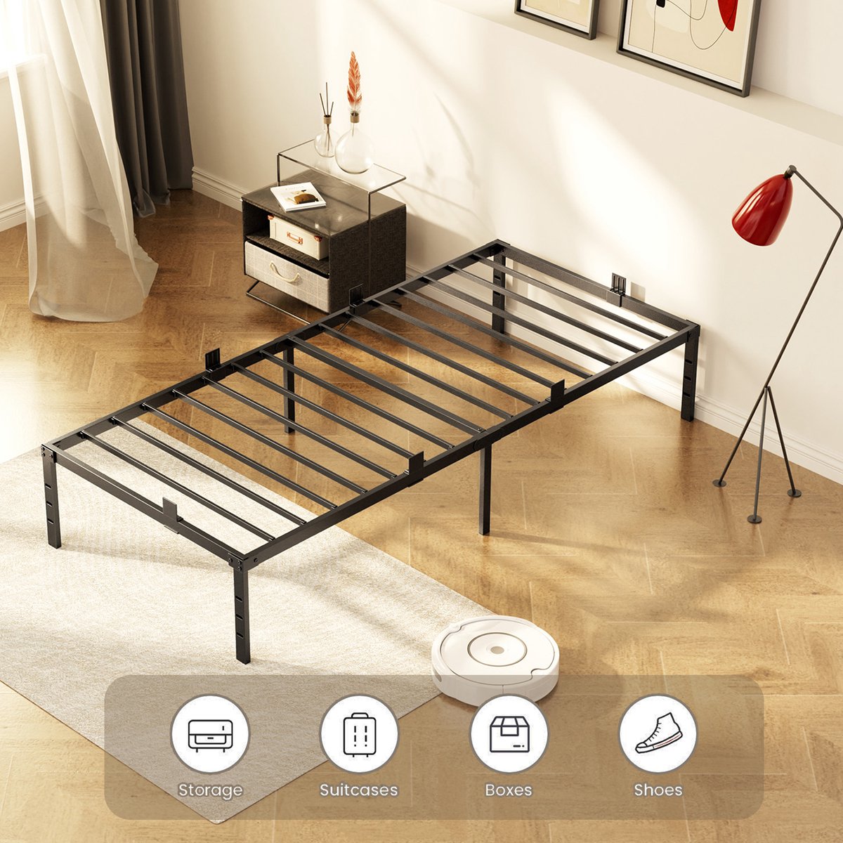 Auralum® Metalen bedframe 90x200 cm - Minimalistisch - Eenpersoonsbed - Stevig - Stil - Anti Slip - IJzeren Bed - metaal - Roestvrij - Duurzaam - Draagkracht 200 kg - Zwart