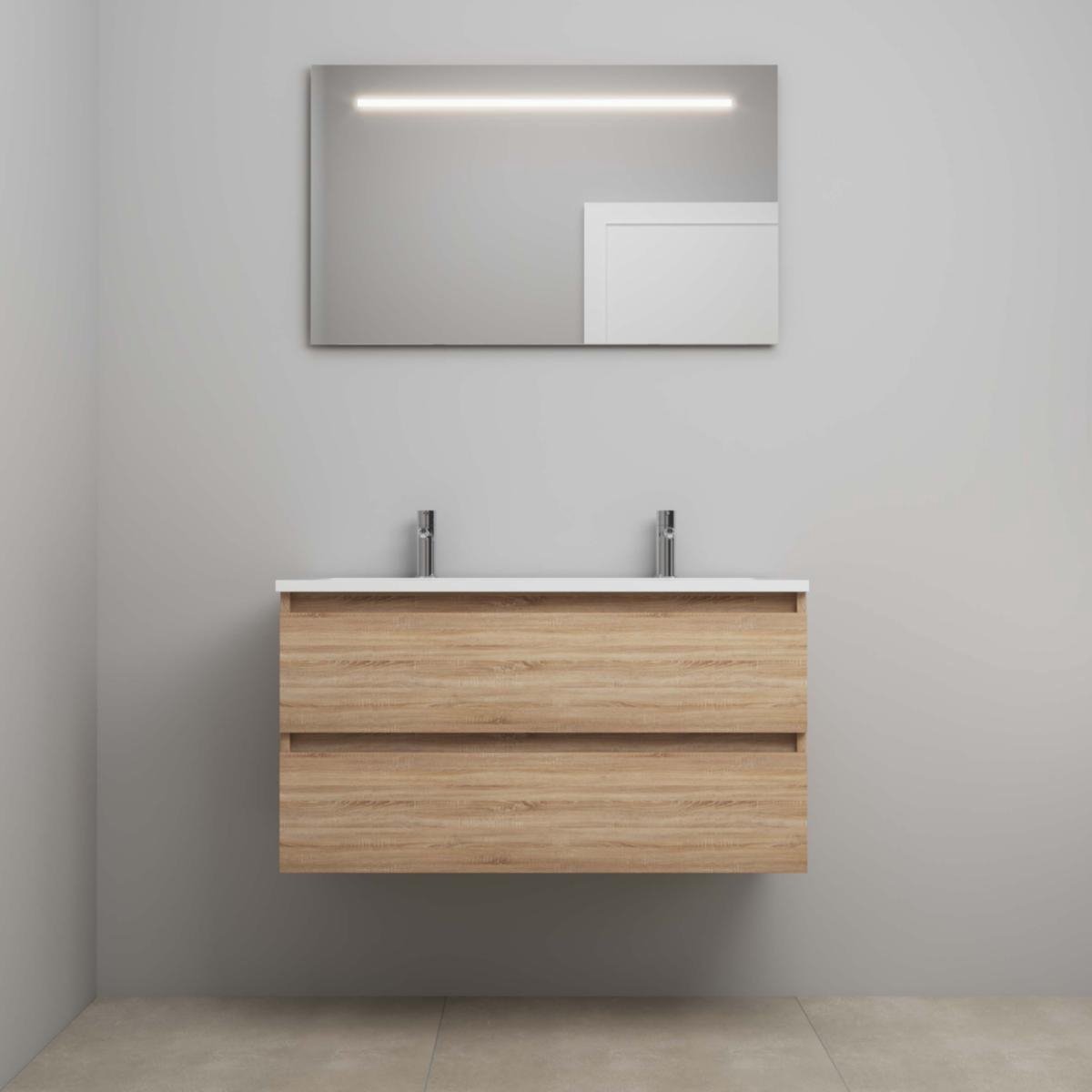 On-Line Badkamermeubelset - 100 cm - Voorgemonteerd - Acryl Wastafel - 2 Kraangaten - Spiegel met LED-Verlichting - Eiken