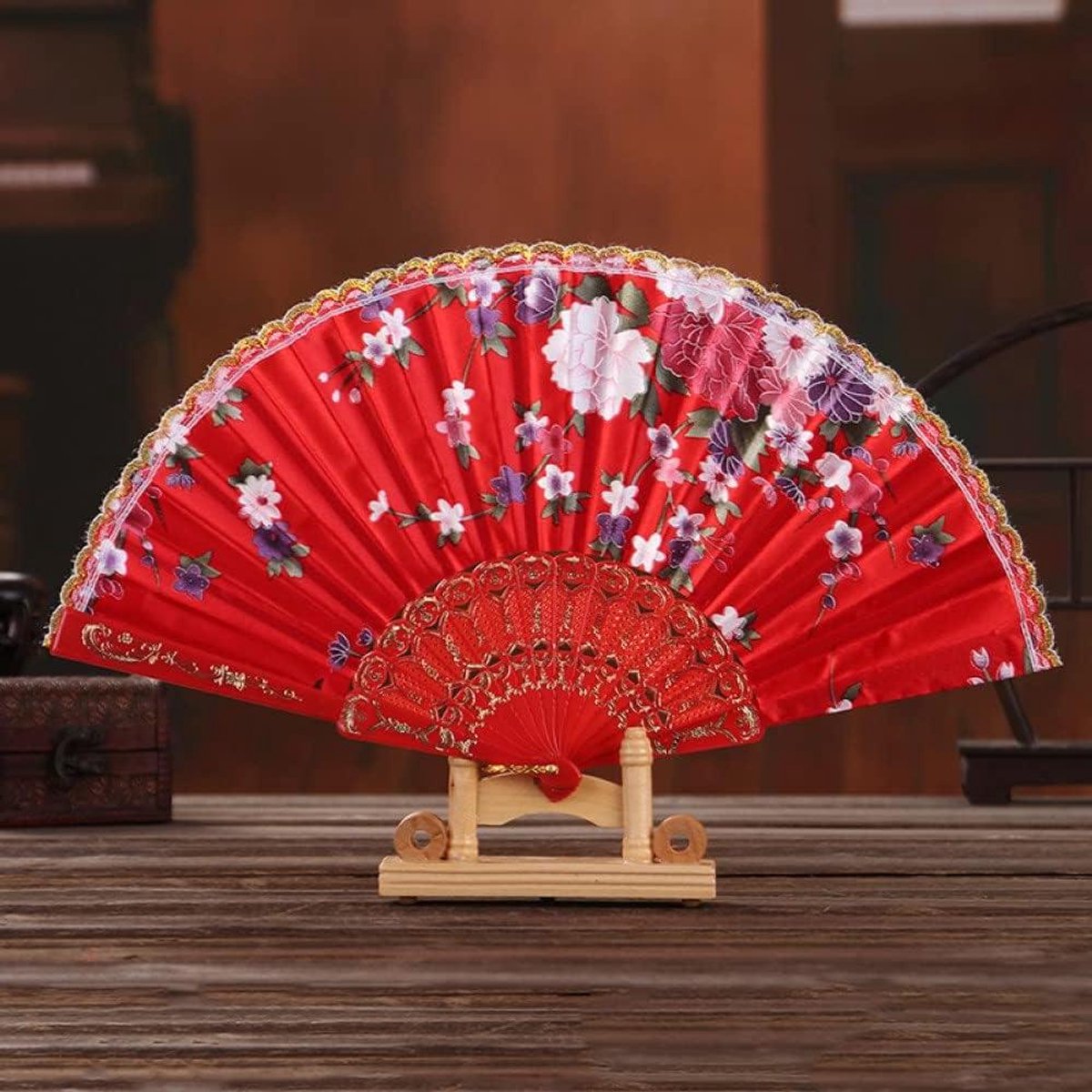 Opvouwbare ventilator - Zijde waaier - Dans rekwisiet - Handgemaakt ontwerp - 23cm gevouwen - Rood met bloemen