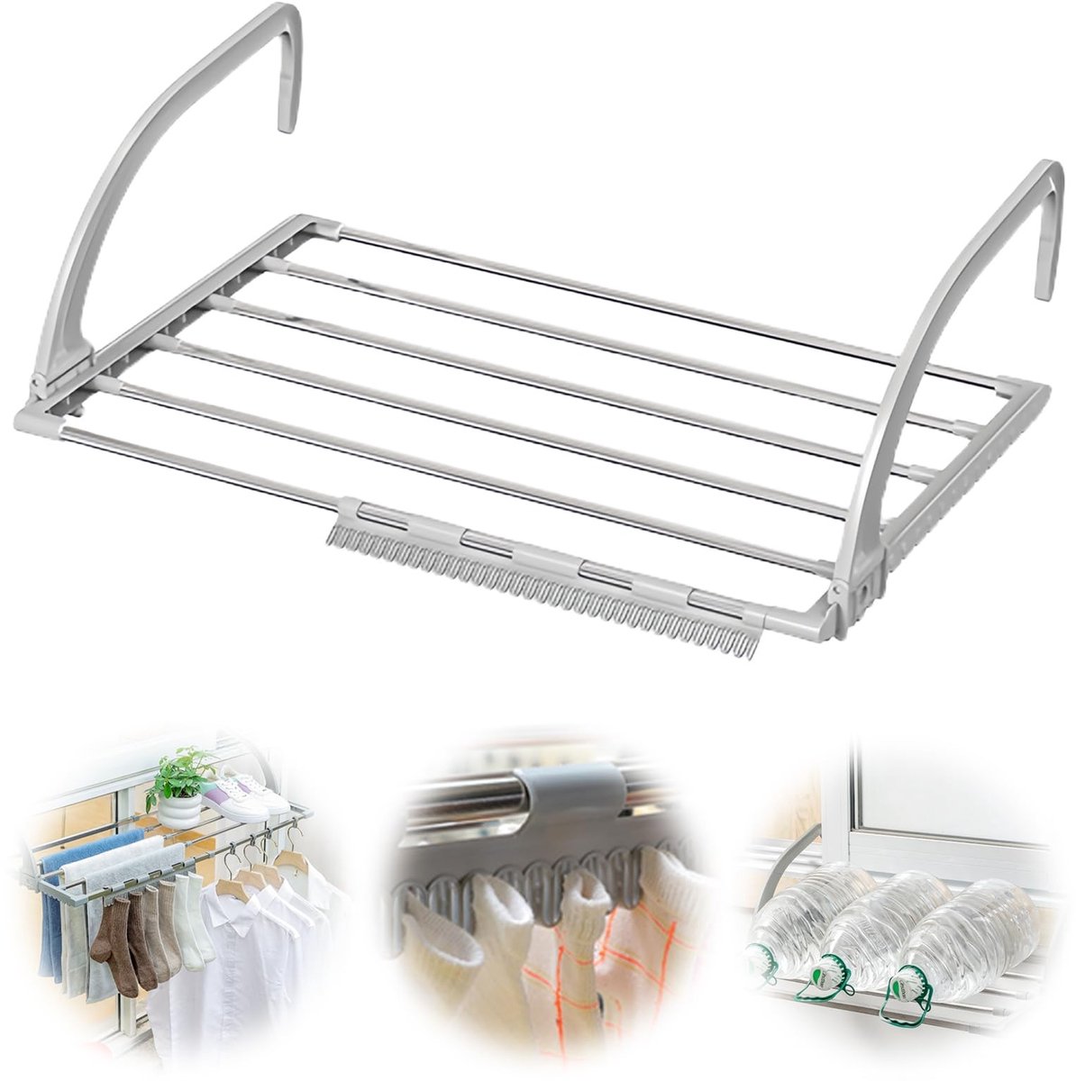 aladdien - Uittrekbare Wasrek - Balkon - RVS - Binnen en Buiten - Ruimtebesparend - Verstelbaar - 44-76 cm - Geschikt voor Wasgoed - Compact
