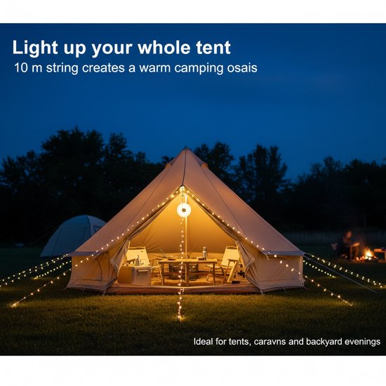 Lichtsnoer buiten - Camping lamp - TENZHVXI® - Waterdichte Ipx4 Buitenverlichting - 10 Meter Lengte Met 1200mah Batterij - Ideaal Voor Tent Camper En Festival — afbeelding 5