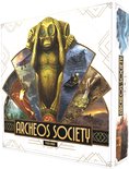 Doos met archeologische thema: gouden beeld van een aap bedekt oren, scenes van ontdekkingsreizen. Archeos Society.