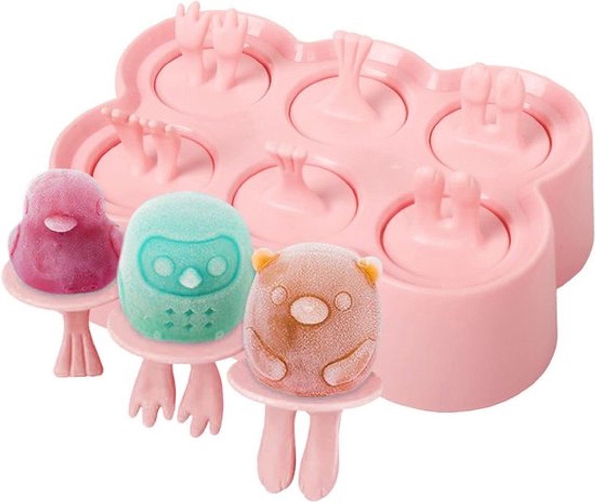 IJslolly Maker met 6 Roosters en Herbruikbare Cartoon Mallen - Roze
