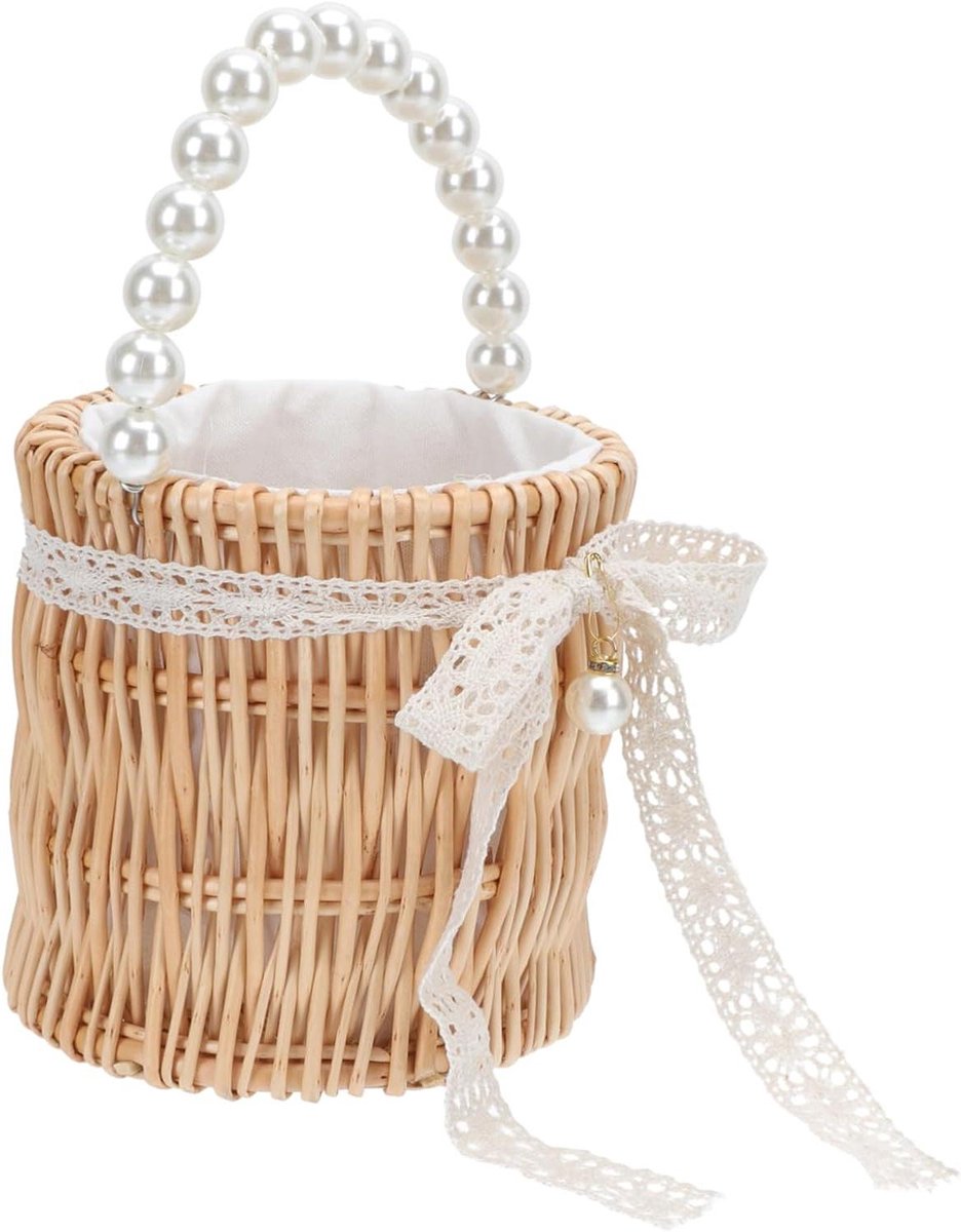 Woven Bucket Bag - Summer Handbag - Strand Bezoek - Parel Decoratie - 15x15x15 cm - Wit