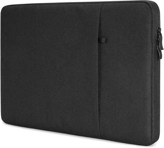 Côté d'une housse d'ordinateur portable noire avec une couture verticale stylisée.