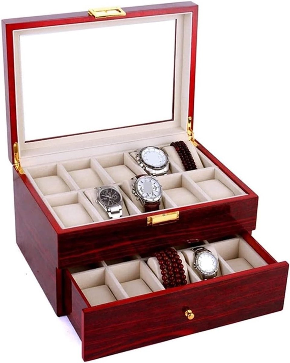Horlogedoos Opbergdoos - Horloge Organizer - Sieraden Opbergen - Transparant Deksel - 20 Vakjes - Rood