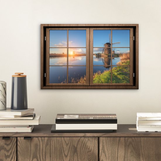 Aluminium schilderij 30x20 cm - Wanddecoratie metaal - Doorkijk - Molen - Zonsondergang - Metalen muurdecoratie woonkamer - Decoratie industrieel - Foto op dibond - Industriële accessoires slaapkamer