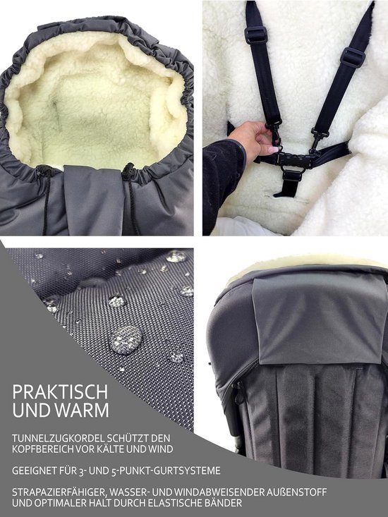 Voetenzak, wintervoetenzak voor kinderwagen, buggy, slee, knuffelzak, universeel, in mummievorm, met lamswol, maat aanpasbaar, warm, met ritssluiting, wasbaar, donkergrijs — afbeelding 5