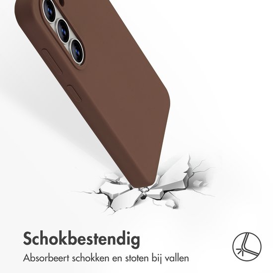 Bruin telefoonhoesje dat op gebroken tegels valt, "Schokbestendig"