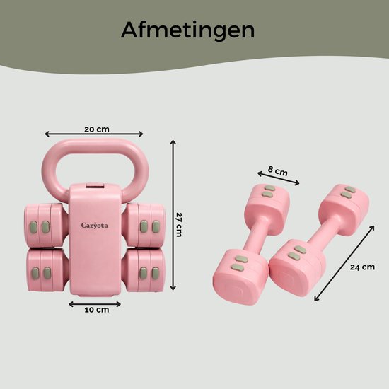 Afmetingen van een roze verstelbare kettlebell (27x20x10 cm) en dumbbells (24 cm lang, 8 cm breed).