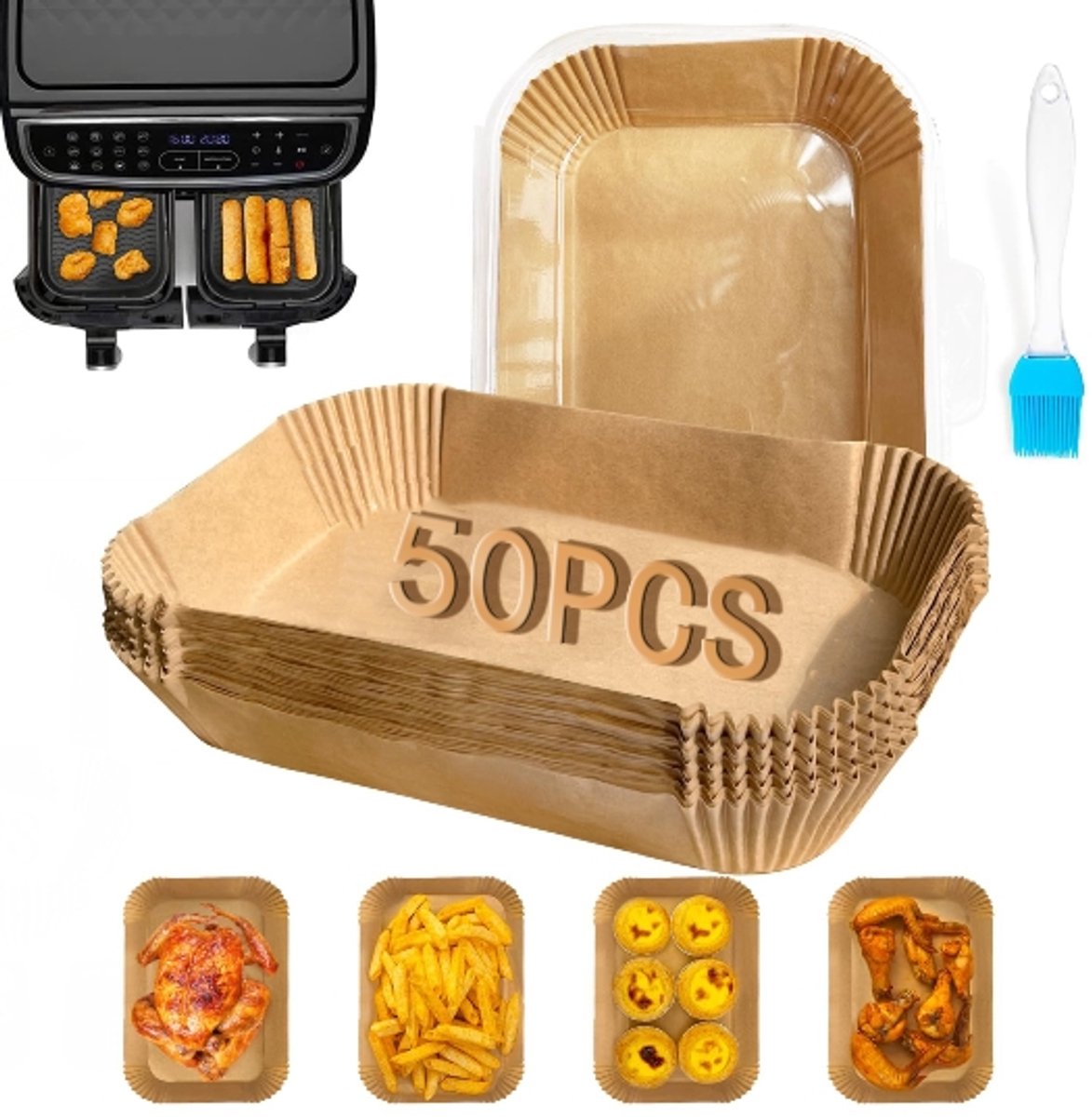 50 Vellen Bakpapier Voor De Airfryer, Inclusief Kwastje, Voor Het Bakken Van Brood; Antiaanbak Bakpapier Voor De Airfryer, Geschikt Voor Bakken, Magnetrons En Meer.