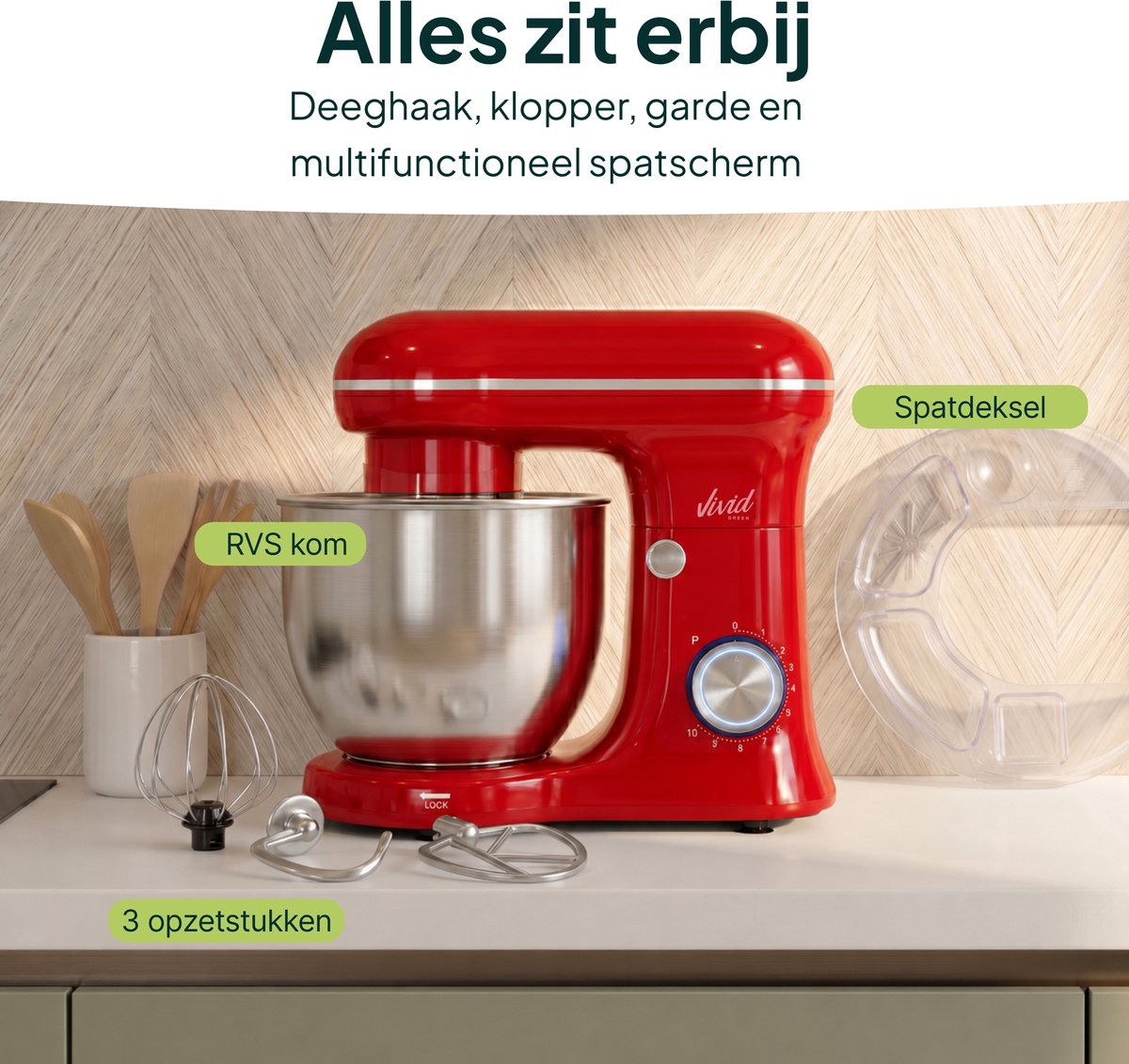 Vivid Green 1500W Keukenmixer - 5L Mengkom - Rood thumbnail 5