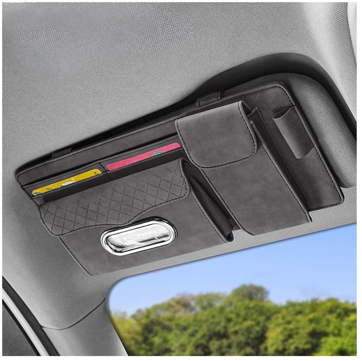 aladdien - Auto zonneklep organizer - Multifunctionele opbergtas - Grijs - Kaarthouder - Zonnebril opbergvak - Geschikt voor 99% van de automodellen