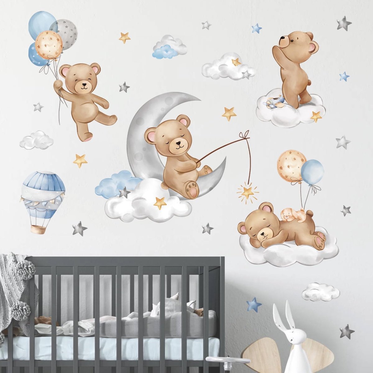aladdien - Bear Sleeps on the Moon - Muurstickers - Kleurvol en eenvoudig aan te brengen - Kinderkamer Decoratie - Dieren en Ballon - Geschikt voor ...