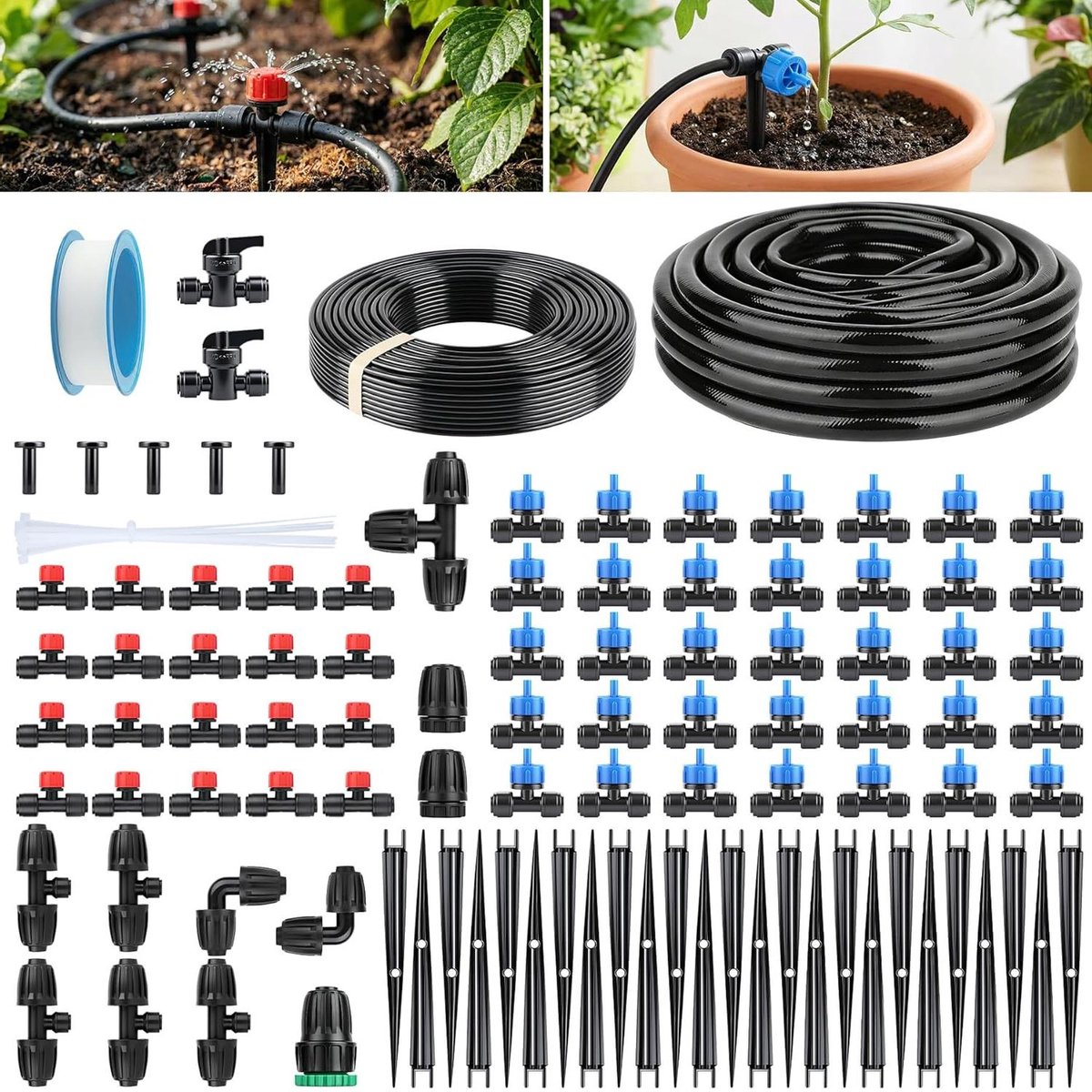 Irrigatiesysteem Tuin - Bewateringsset Automatisch - Planten Water Geven - Drukgecompenseerde Druppelaars - 30 Meter Slang - Zwart