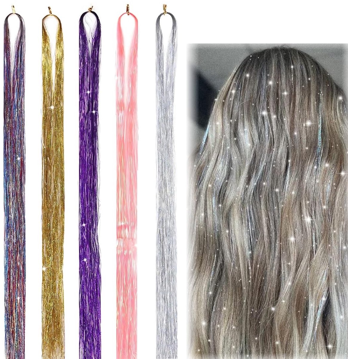 aladdien - Glitter Haarstrengen - Haar Tinsel - Feestelijke Glamour - 5 Kleuren - Geschikt voor Meisjes - 1000 Stuks