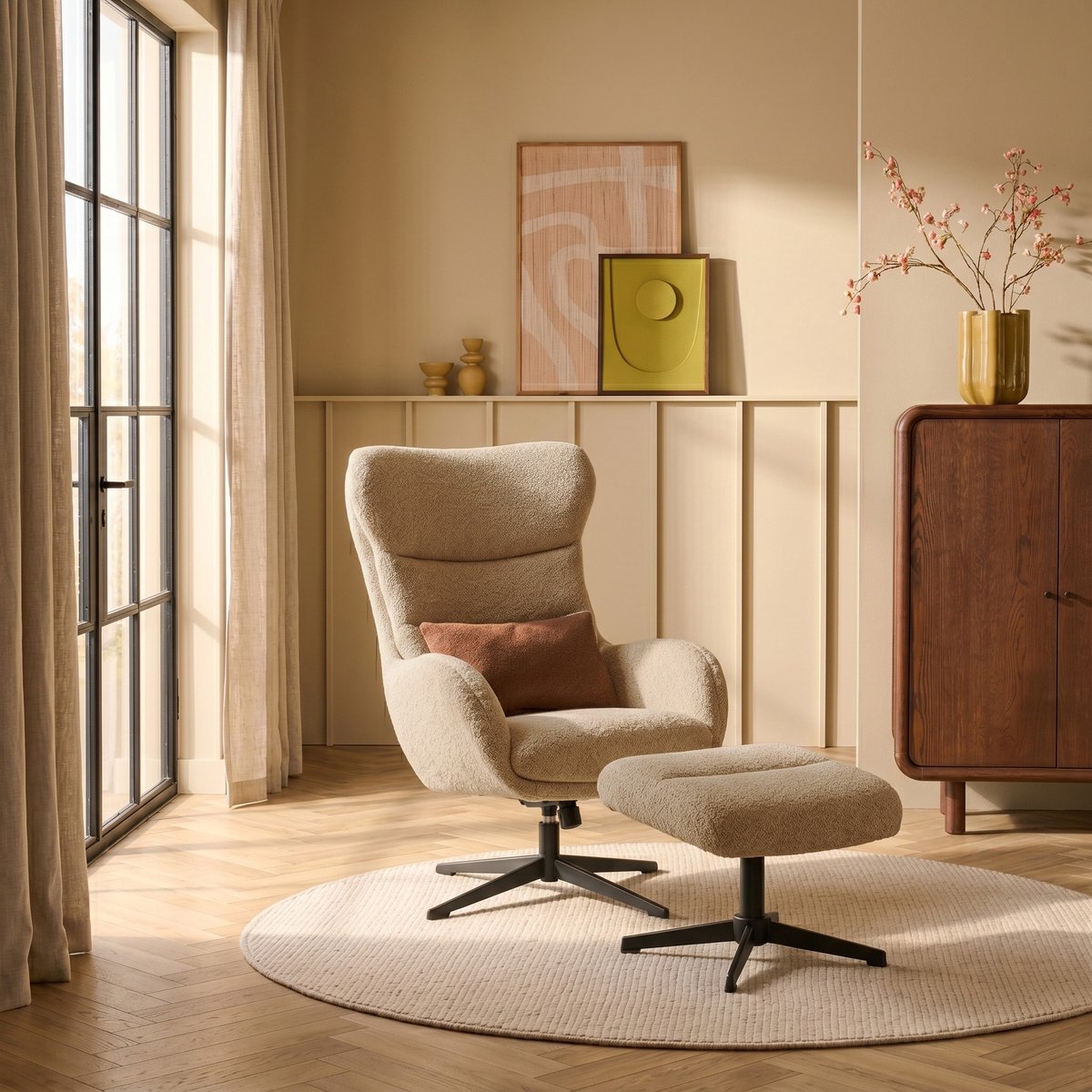 Jack Relaxfauteuil met Hocker - Beige Stof - Verstelbaar & Draaibaar