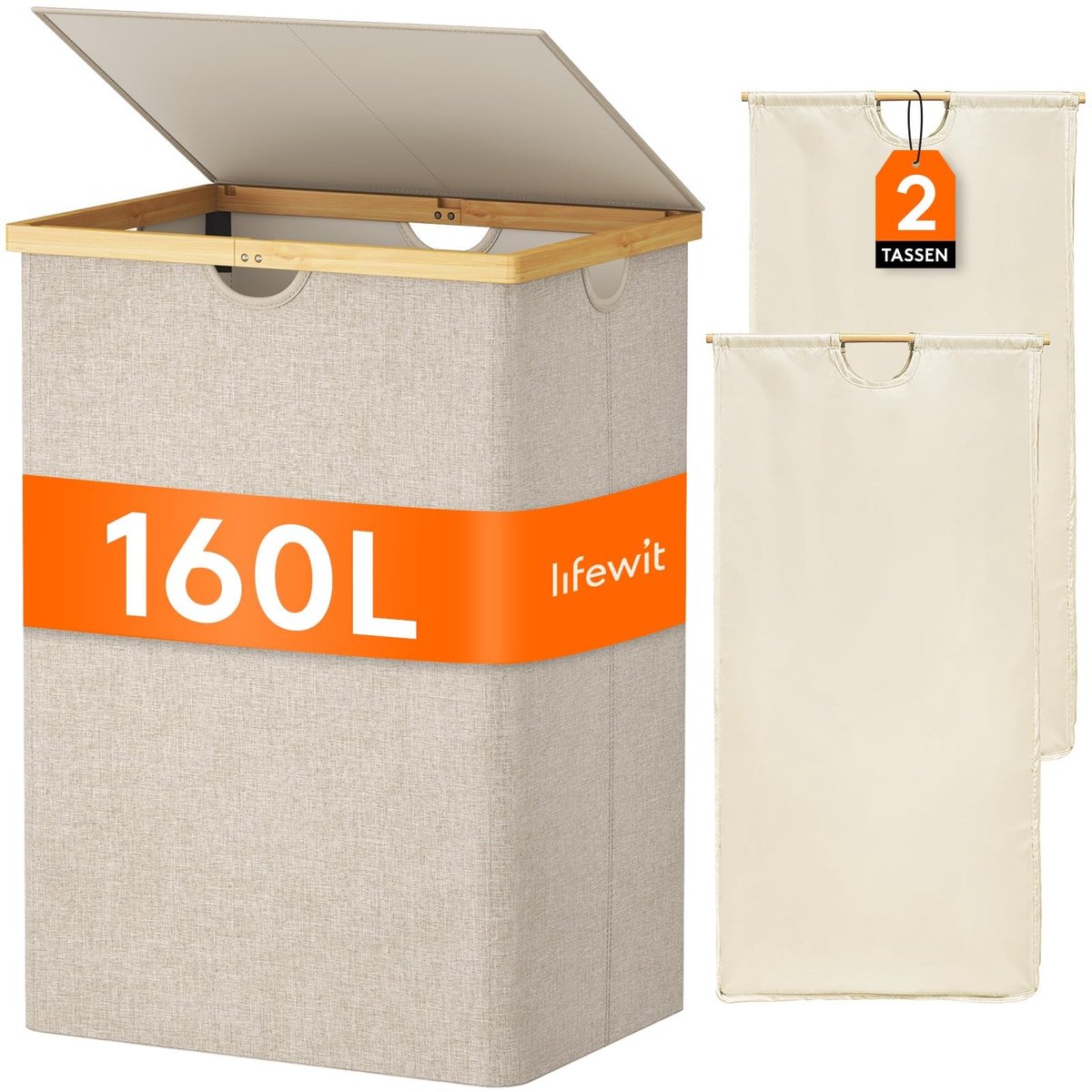 aladdien - Cwasmand met deksel - Opvouwbare wasverzamelaar - 2 vakken - Beige - Wassorteerder - Geschikt voor slaapkamer en bijkeuken