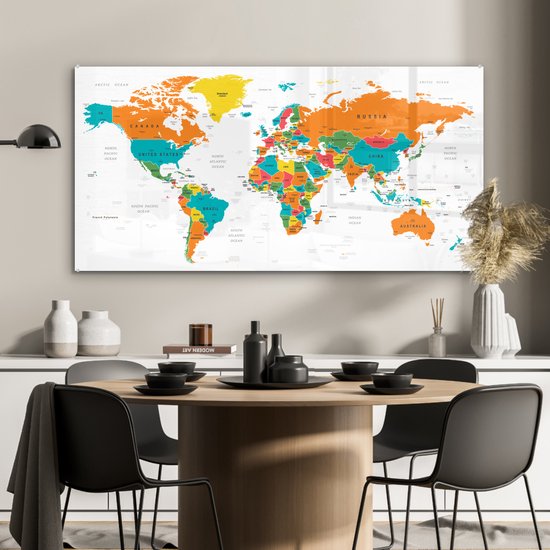 MuchoWow® Peinture sur verre 120x60 cm - Peinture sur verre acrylique - Wereldkaart Enfants - Terre - Topographie - Photo sur verre - Peintures