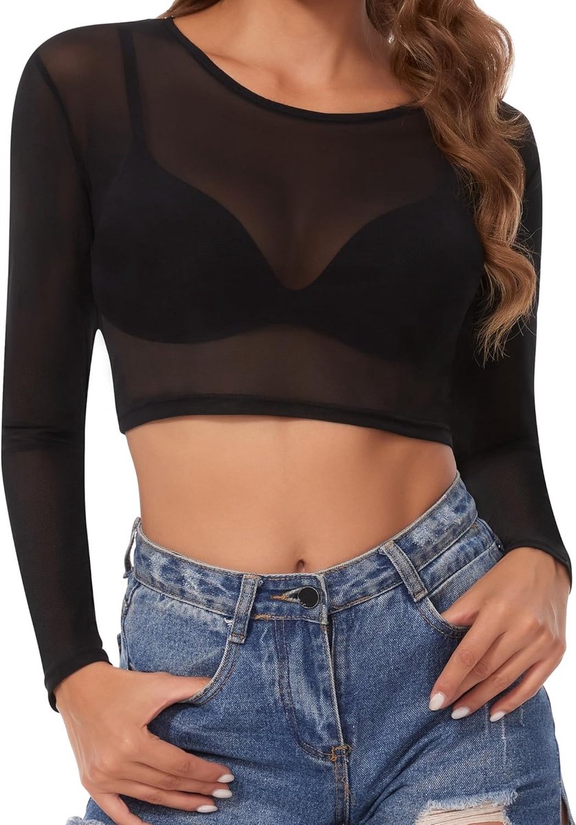 Transparante Sexy Crop Top van Mesh - Lange Tuniek Blouse voor Casual en Clubwear - Zwart T-shirt met Tulle en Ademend Design