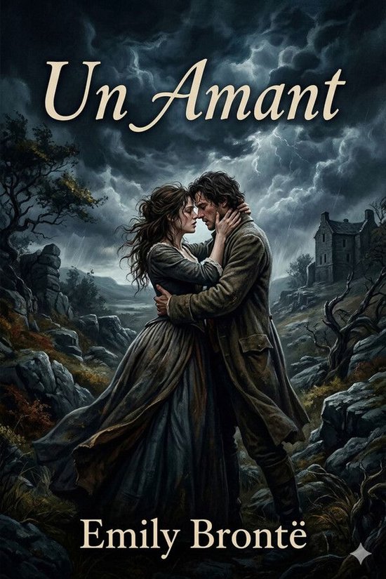 Couverture du livre "Un Amant" d'Emily Brontë, représentant un couple s'embrassant par une journée orageuse et pluvieuse près d'un vieux manoir.