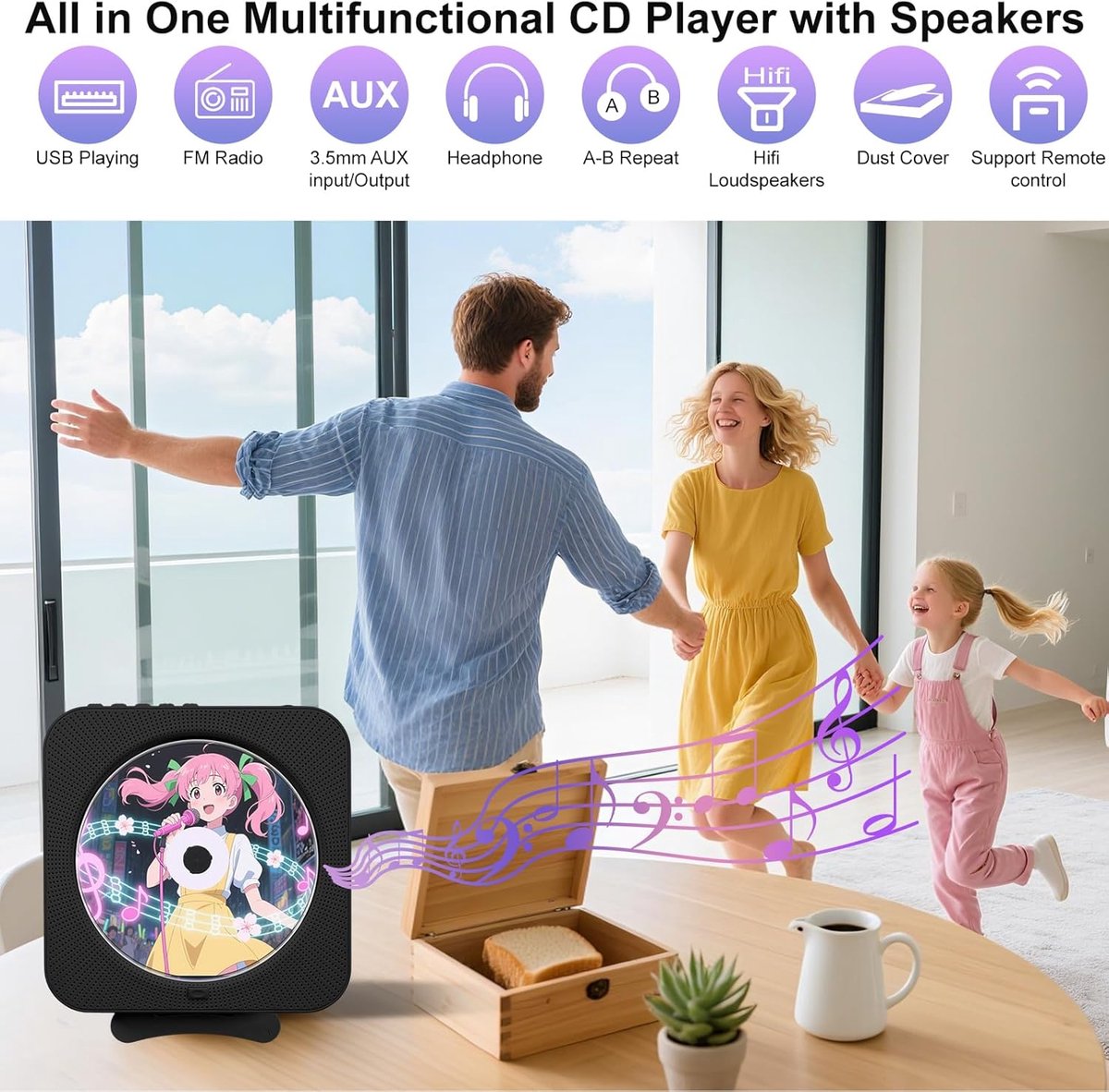 KZQ Bluetooth-speler - CD-speler met radiofunctie - Bluetooth CD-speler - FM-radio - Wandmontage mogelijk - Inclusief afstandsbediening - Ondersteunt CD/AUX/USB-ingang - Zwart thumbnail 7