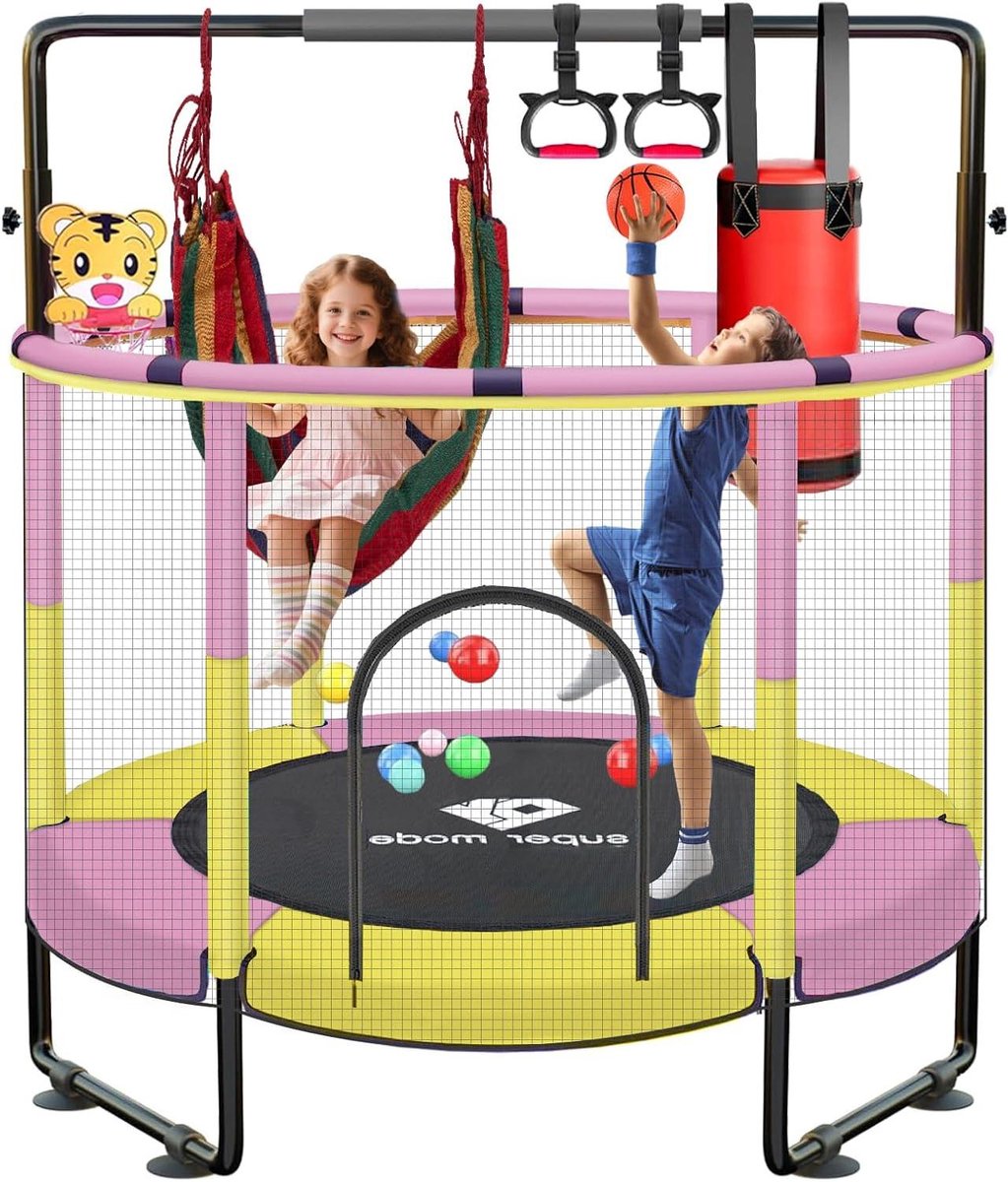 Kindertrampoline - Babytrampoline Peuter - Binnen Buiten Spelen - Verstelbare Gymnastiekstang - 5 voet - Roze