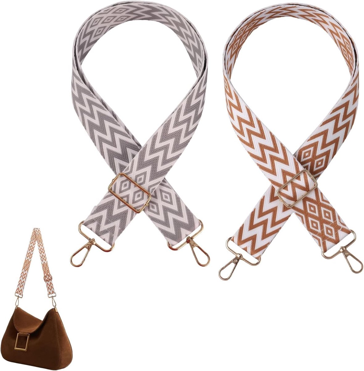 Verstelbare Schoudertasriemen Set van 2, Duurzaam en Comfortabel, Ideaal voor Schouder- en Crossbodytassen, Kleur: Wit-Bruin en Grijs, Lengte 80-130 cm